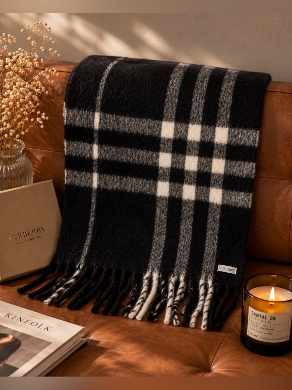 BURBERRY 77% ALPACA WOOL BIG Check Scarf IN COLOR Black  SIZE 190cm x 50cm